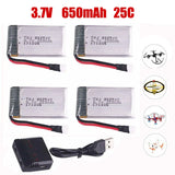 4pcs 3.7V Lipo Battery 650mAh W/ USB Charger & Cable For RC Drone Airplane Toys