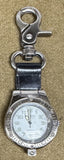 Men's clip-on belt loop watch with metallic case and round analog dial