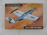 1:72 scale Northrop F-89 Scorpion model airplane kit box art, blue-gray fighter jet