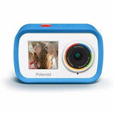 Polaroid action camera in blue housing with lens and small screen