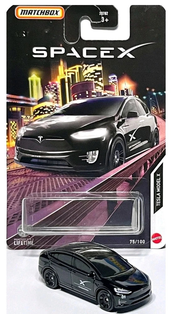 MATCHBOX SpaceX Tesla Model X die-cast car in clear blister, black with X markings