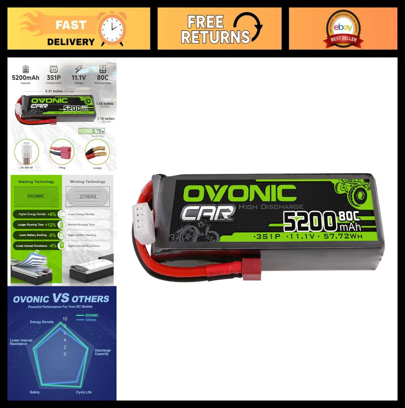 High-Performance 3S Lipo Battery 5200mAh 11.1V 80C for RC Cars, Boats, Trucks, H Battery