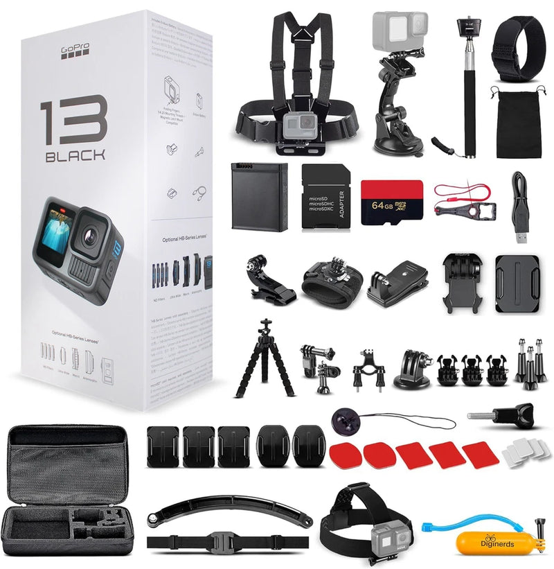 GoPro HERO13 waterproof action camera kit with 64GB card, mounts, straps, and cases