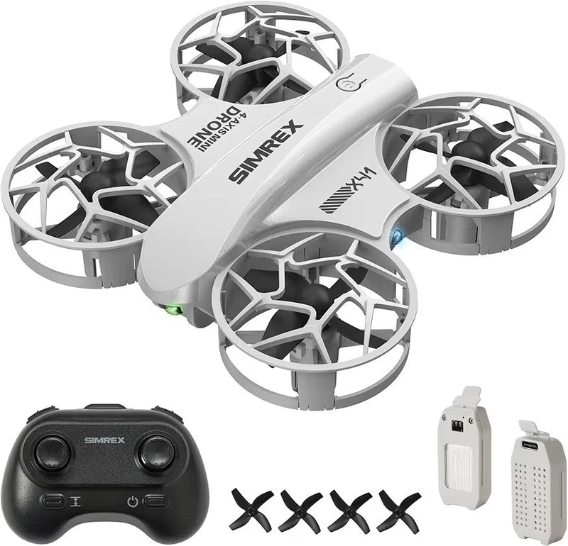 White quadcopter mini drone with 4 rotors, black controller, two battery packs, propellers