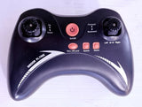 Black handheld remote controller with dual thumb dials and buttons, power and speed controls