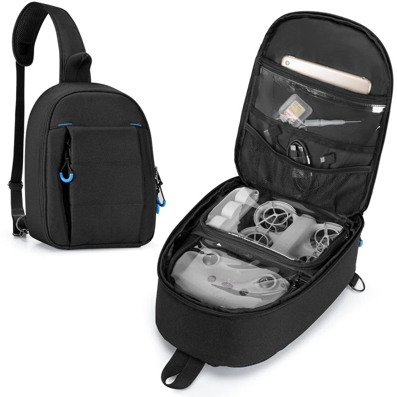 Portable drone sling bag with adjustable strap; open top reveals compartments