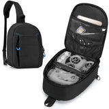 Portable drone sling bag with adjustable strap; open top reveals compartments