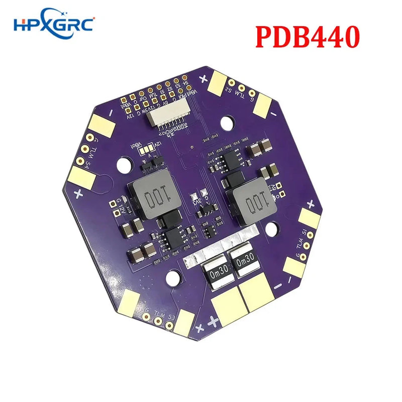 HPXGRC purple drone power distribution PCB with dual BEC and labeled components