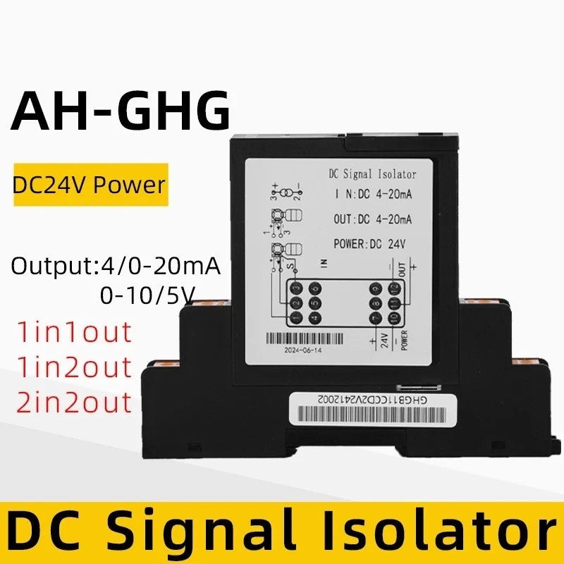DC signal isolator transducer plug-in with black housing and terminal block ports