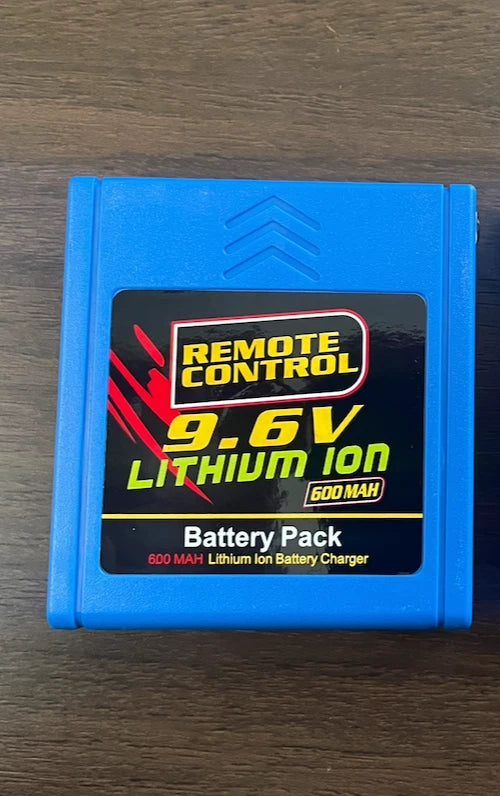 Blue remote control 9.6V lithium-ion battery pack, 600mAh, labeled on casing