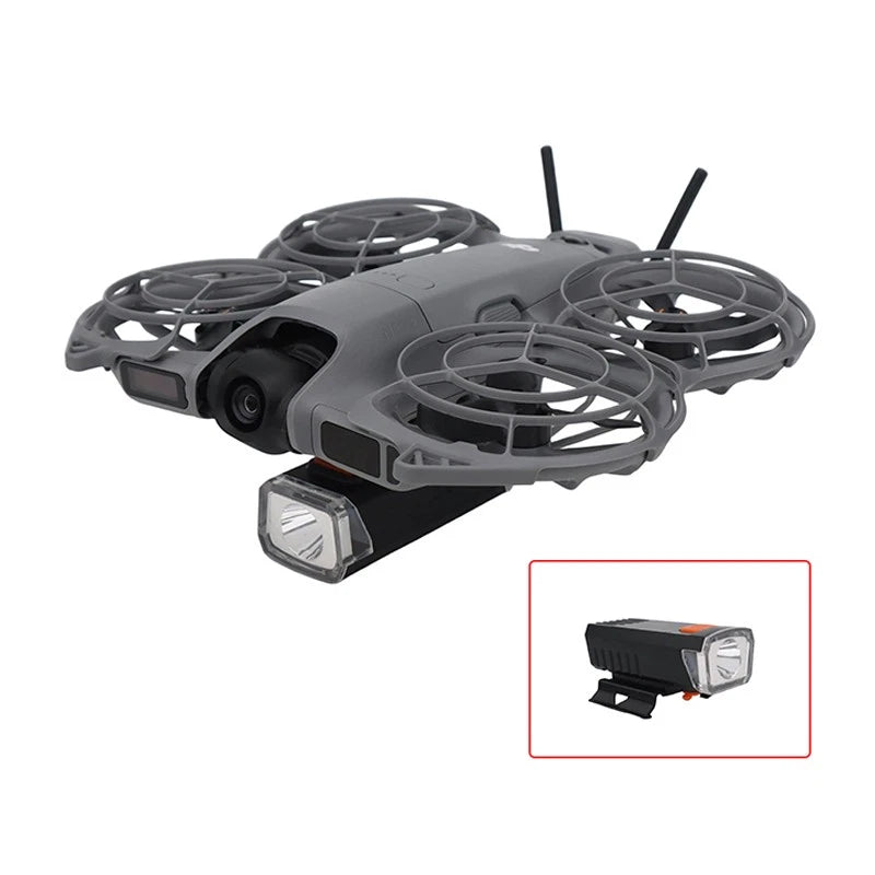 LED searchlight accessory with front spotlight on gray drone mount for DJI drone