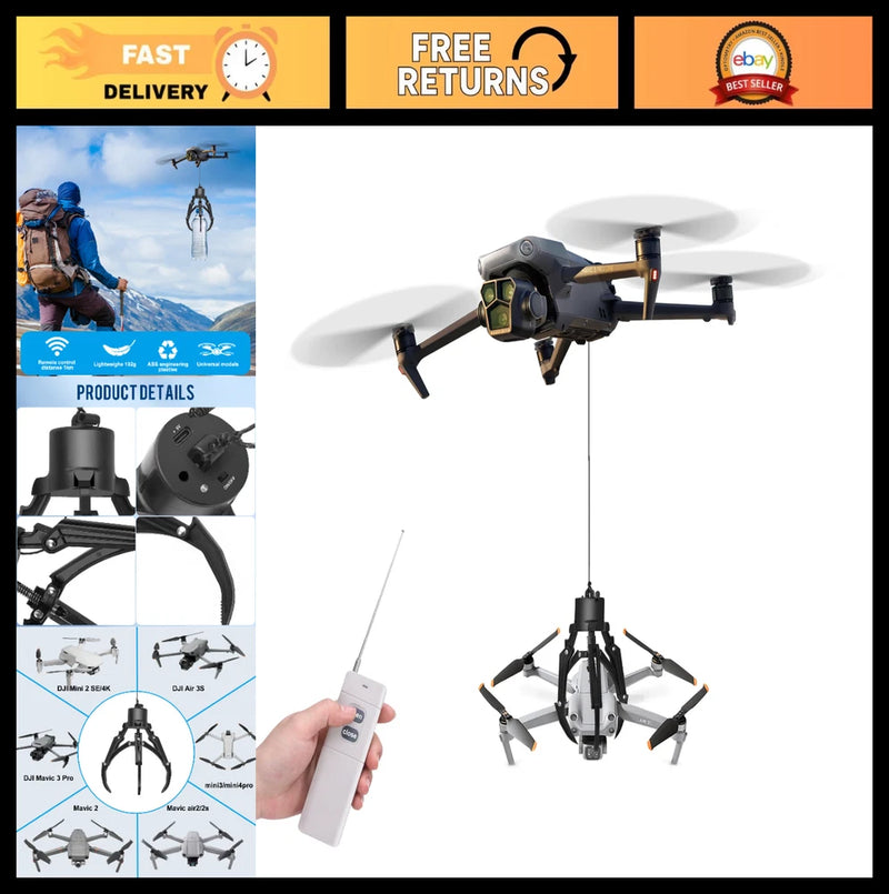 Mechanical claw drone airdrop hook with release cable and remote controller