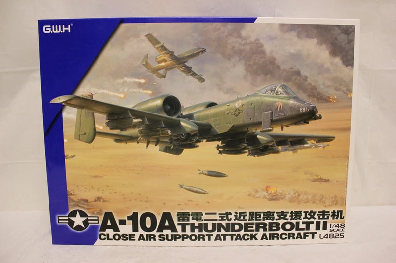 1:48 A-10A Thunderbolt II model kit box art, green jet with landing gear and missiles