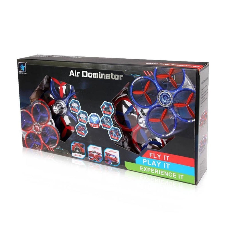 Air Dominator RC quadcopter drone in retail box with blue and red propellers