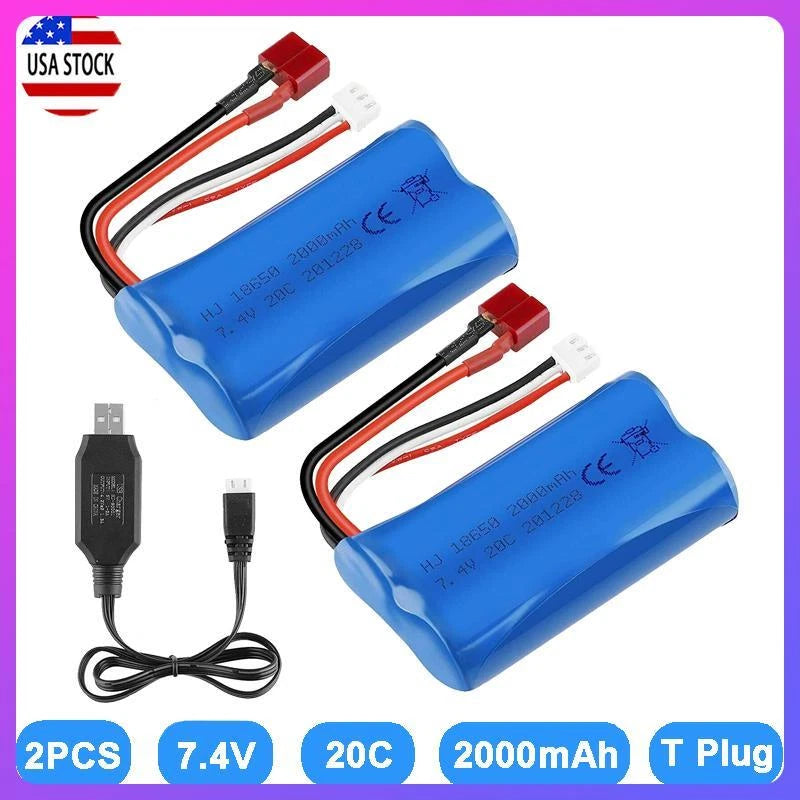 2Pack 7.4V 2000mAh 20C T Plug Battery USB Charger for RC Car Boat Truck Buggy