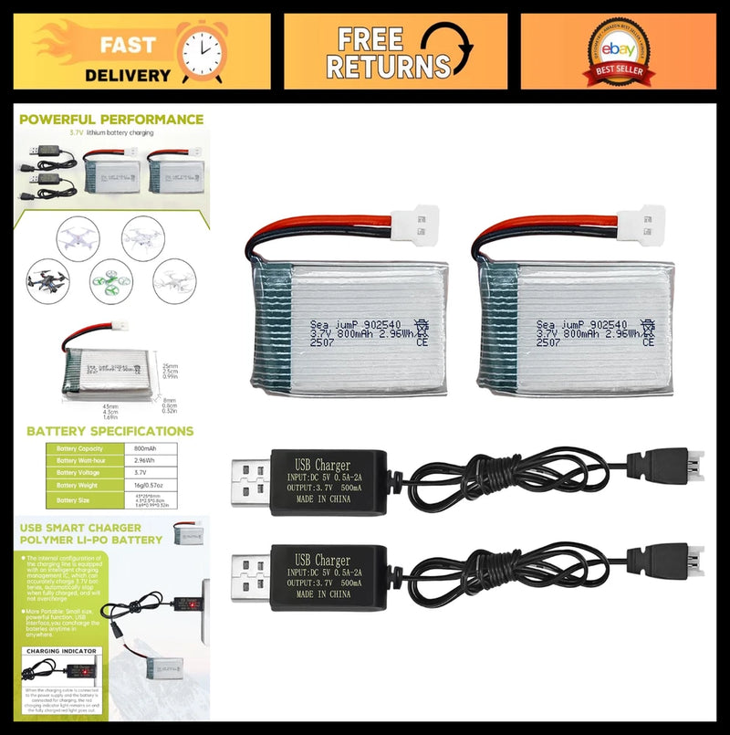 2PCS 3.7V 800mAh Lipo Battery with USB Charger for Drones, Quadcopters & Robots Battery