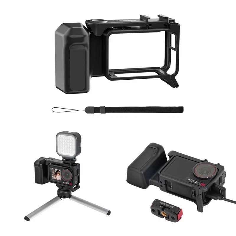 Action camera handheld case and grip, dark gray/black with wrist strap