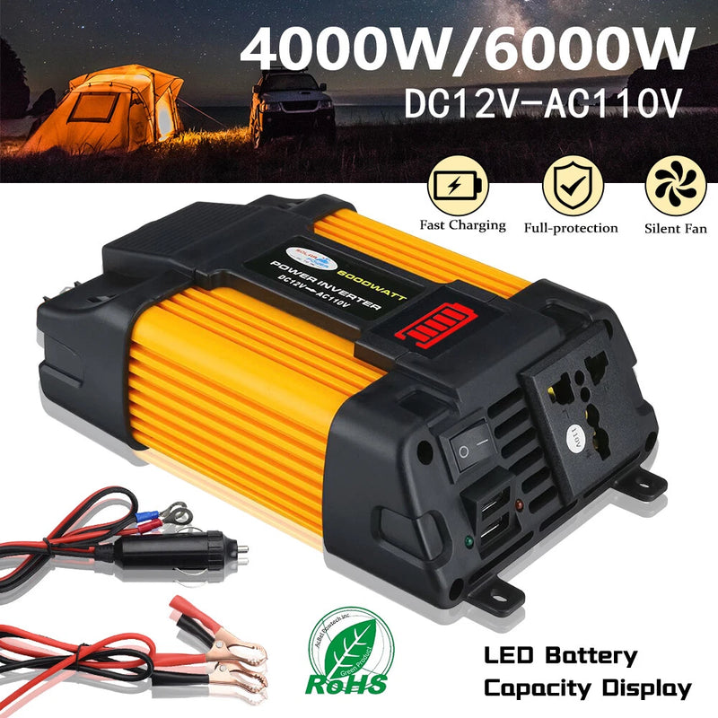 6000W Car Power Inverter 12V DC to 110V AC Power Sine Wave Converter Transformer