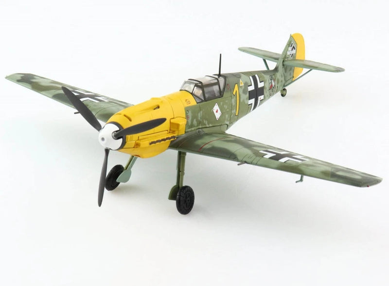1/48 scale Messerschmitt BF 109E-3 model fighter plane, yellow nose and green camo
