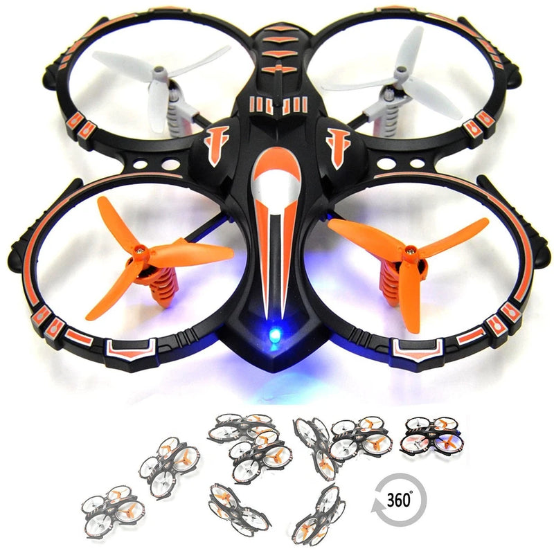 RC stunt quadcopter drone with four orange propellers and blue front LED lights