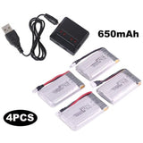 USB charger kit with 4 silver Li-ion batteries, black cable, 650mAh