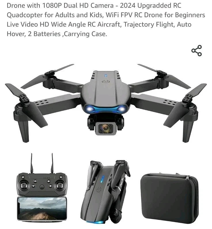 Gray quadcopter drone with front camera, plus remote controller screen and carrying case