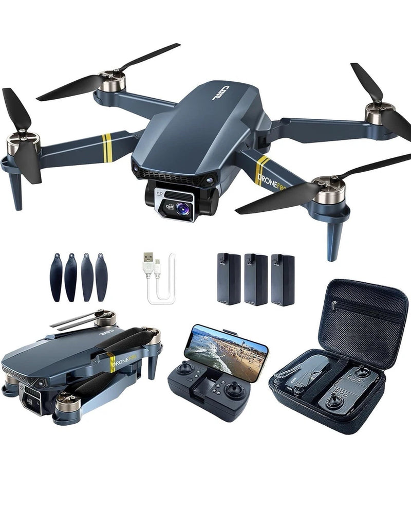 Foldable camera drone with four propellers, spare blades, batteries, remote, and carrying case
