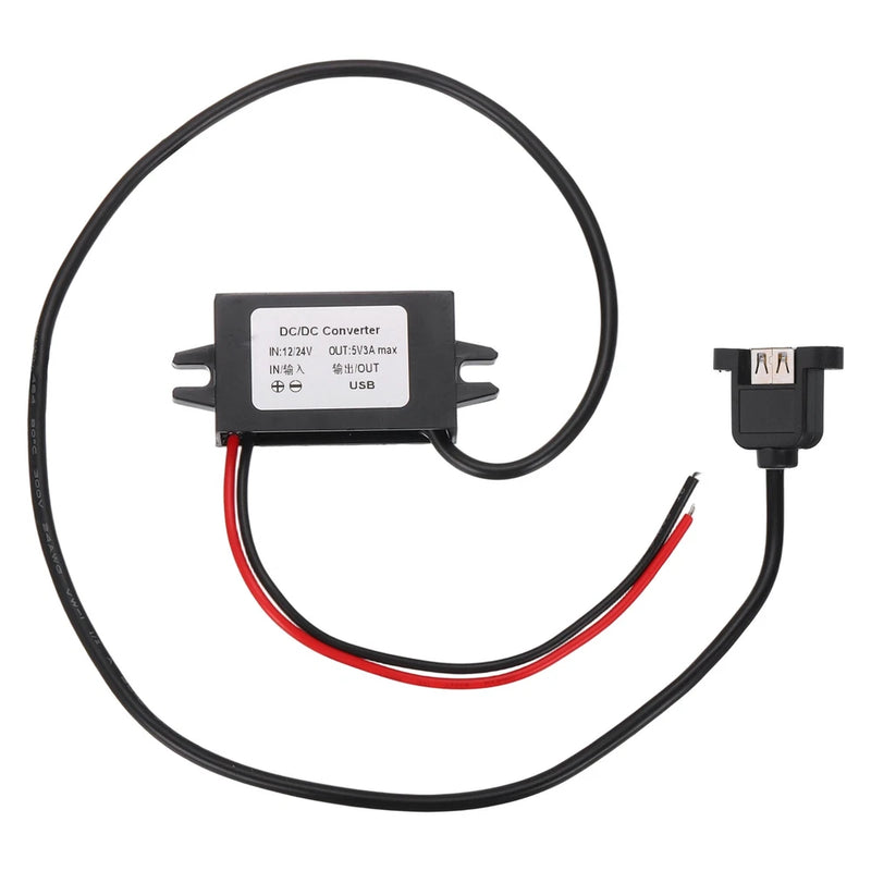 DC to 5V step-down converter module with USB port and mounting tabs, with red/black leads
