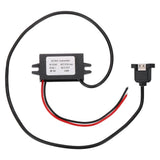 DC to 5V step-down converter module with USB port and mounting tabs, with red/black leads