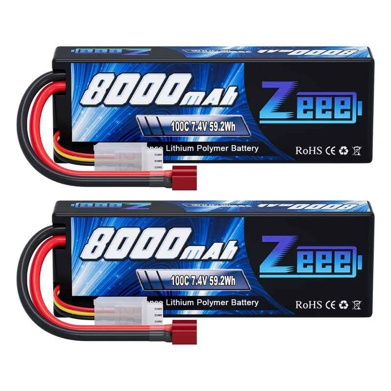 8000mAh 2S Lipo Battery 7.4V 100C Hard Case T Plug - High Capacity (2 Pack) Battery
