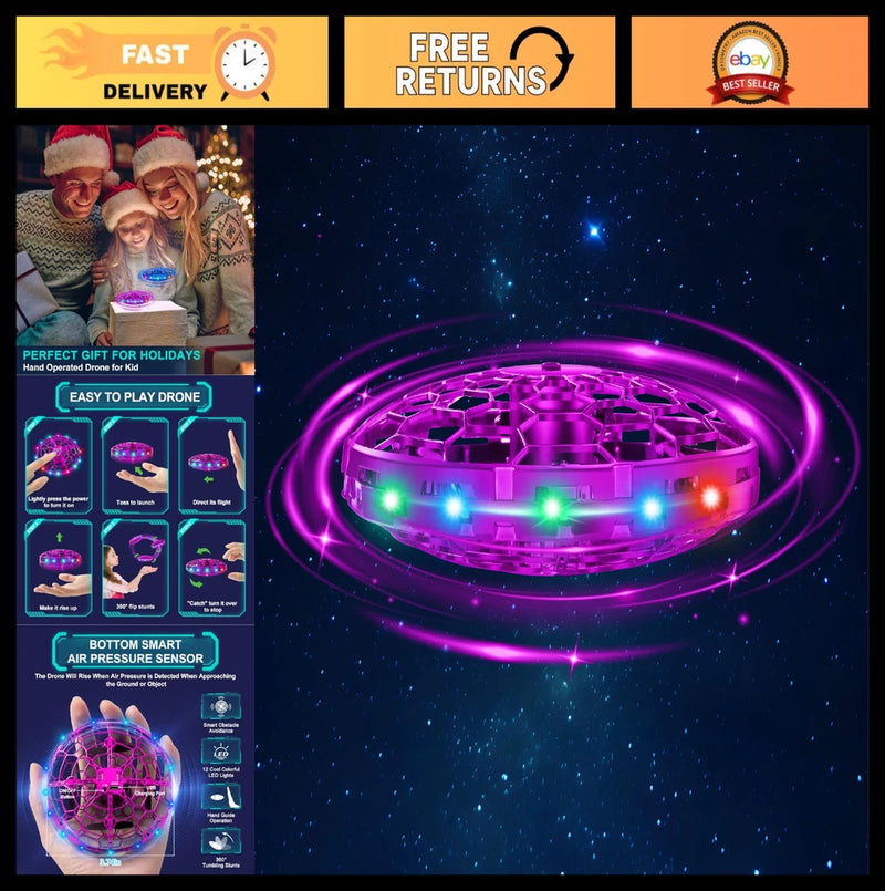 Mini UFO drone toy with glowing purple LED ring lights