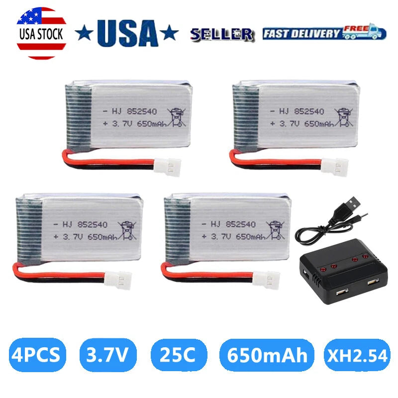 4pcs 650mAh 3.7V 1s Lipo Battery W/ 4-Port Charger for RC UAV Drone Vehicle Battery