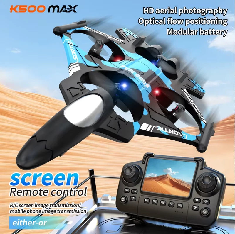 K500 MAX quadcopter drone with blue-and-black body and handheld screen remote control