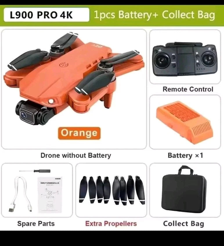 Orange quadcopter drone with dual front cameras and folded arms