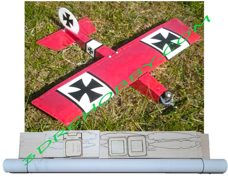 Laser-cut balsa airplane kit parts and plans sheet with rolled tube for assembly