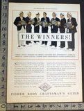 Vintage 1933 Fisher Body scholarship poster with seven men holding model coach plaques