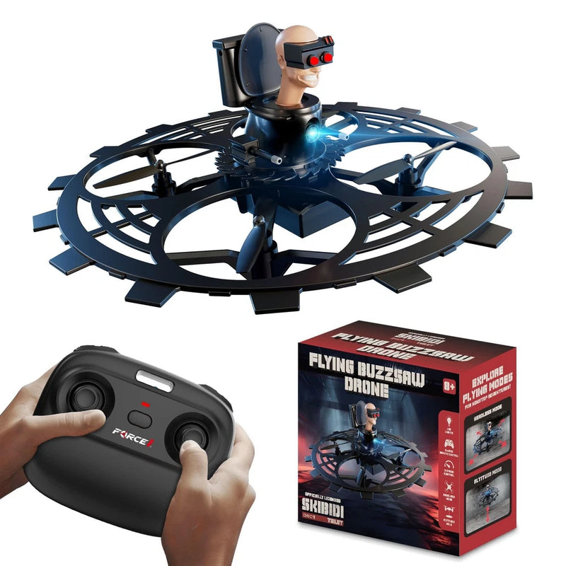 RC jetpack drone toy with circular ring blades, shown with controller and retail box