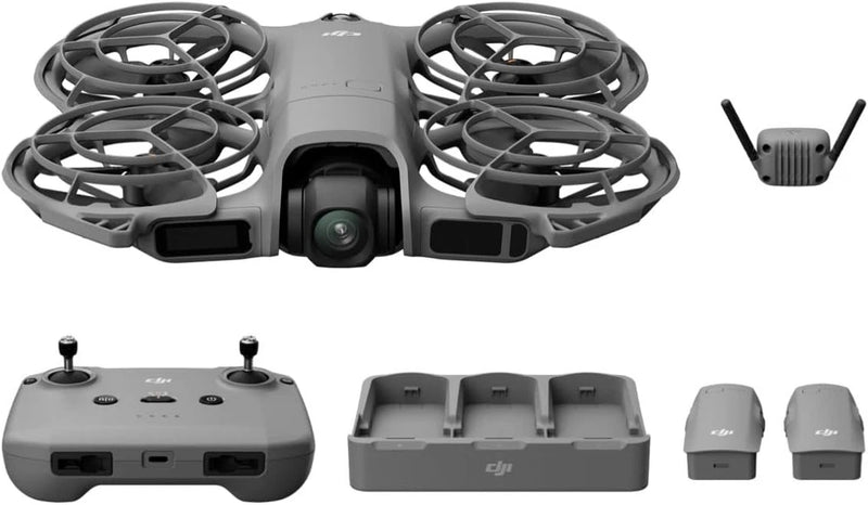 Grey drone with prop guards and gray remote controller, plus charging hub accessories