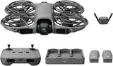 Grey drone with prop guards and gray remote controller, plus charging hub accessories
