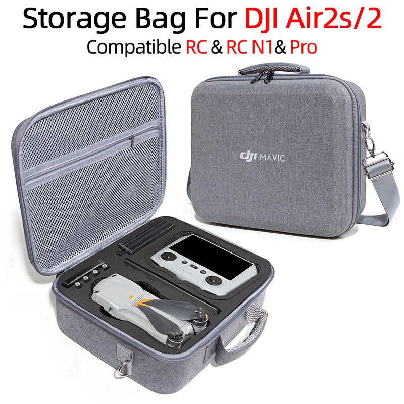 Gray zippered drone carrying case with mesh pocket and molded interior for accessories