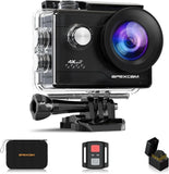 Waterproof sports action camera with black housing, wide-angle lens, mount and pouch