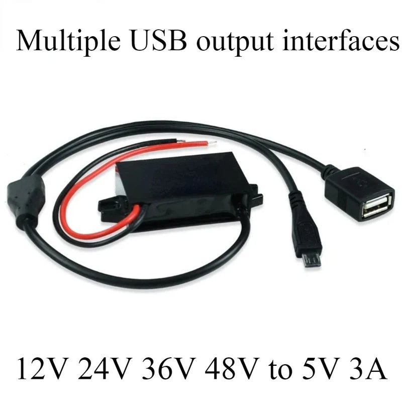 DC-DC step-down converter module with USB port and wiring leads