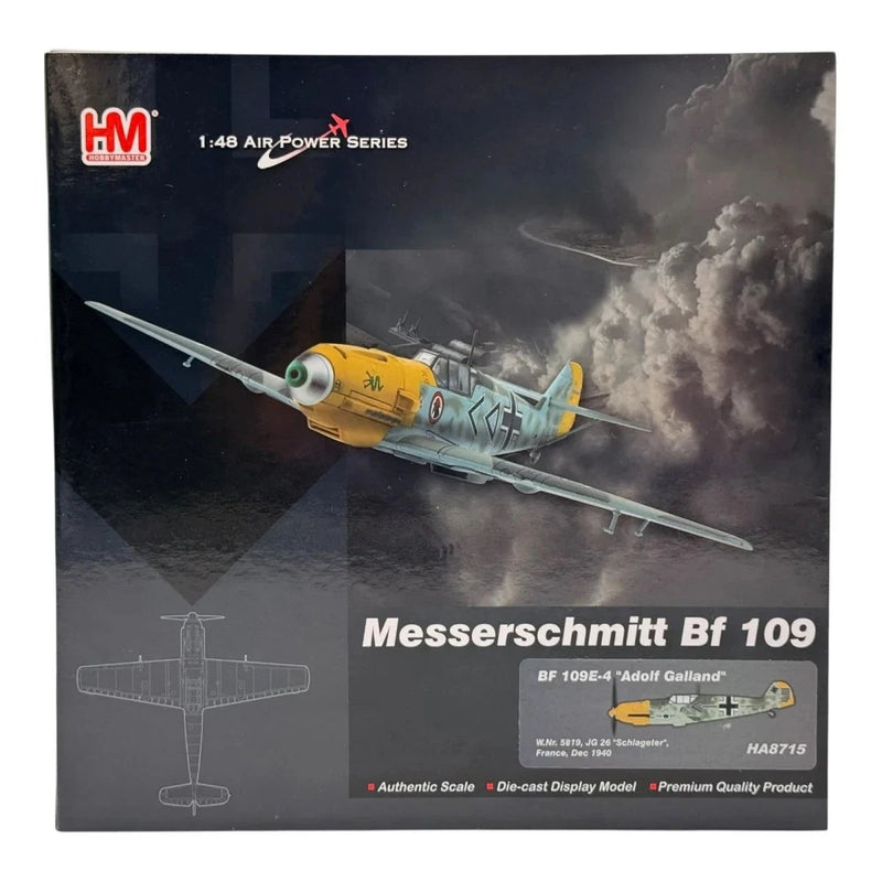 Die-cast Messerschmitt Bf 109 model in retail box with yellow aircraft illustration