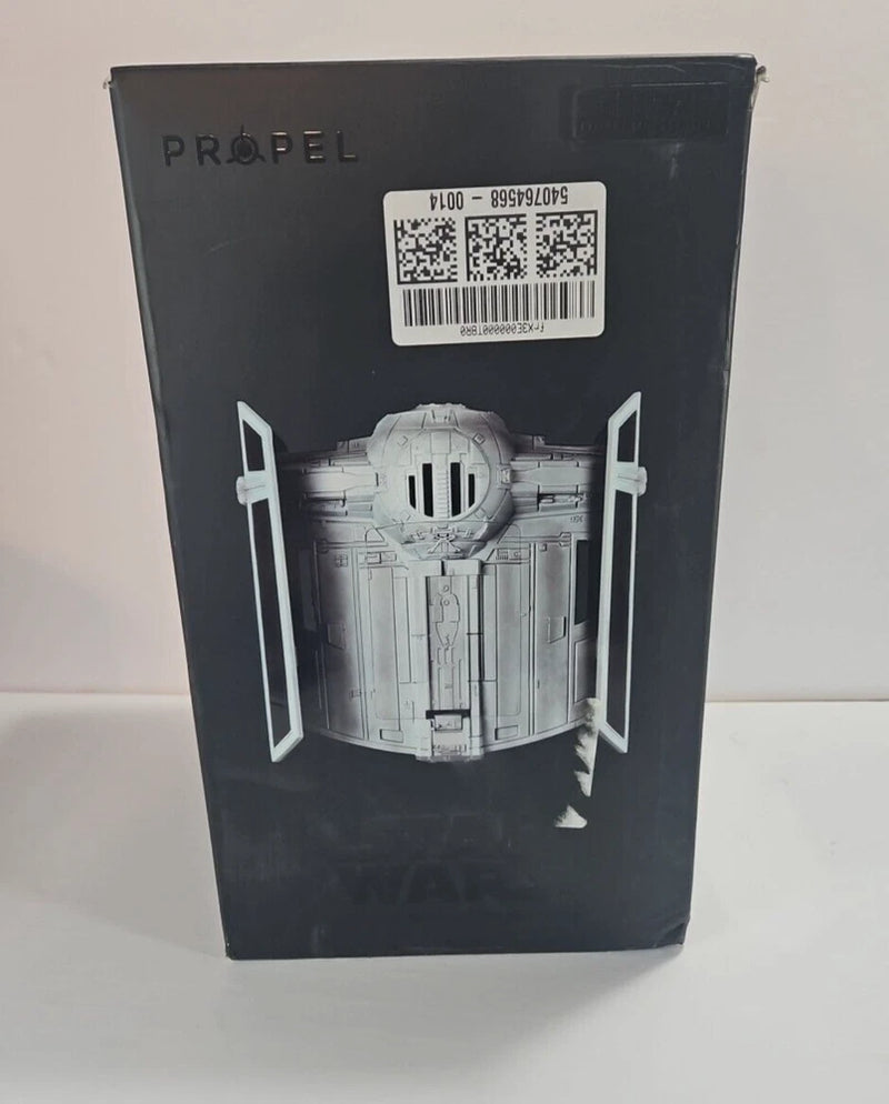 Propel drone packaging box, black with white model graphic and barcode label