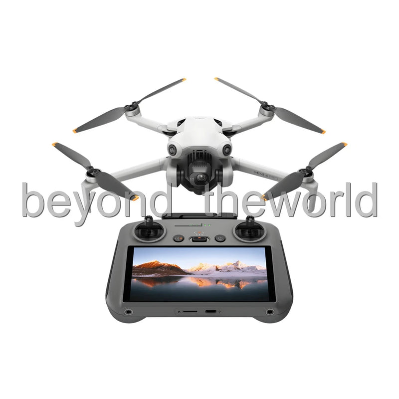 Camera drone with quadcopter propellers and handheld controller with screen