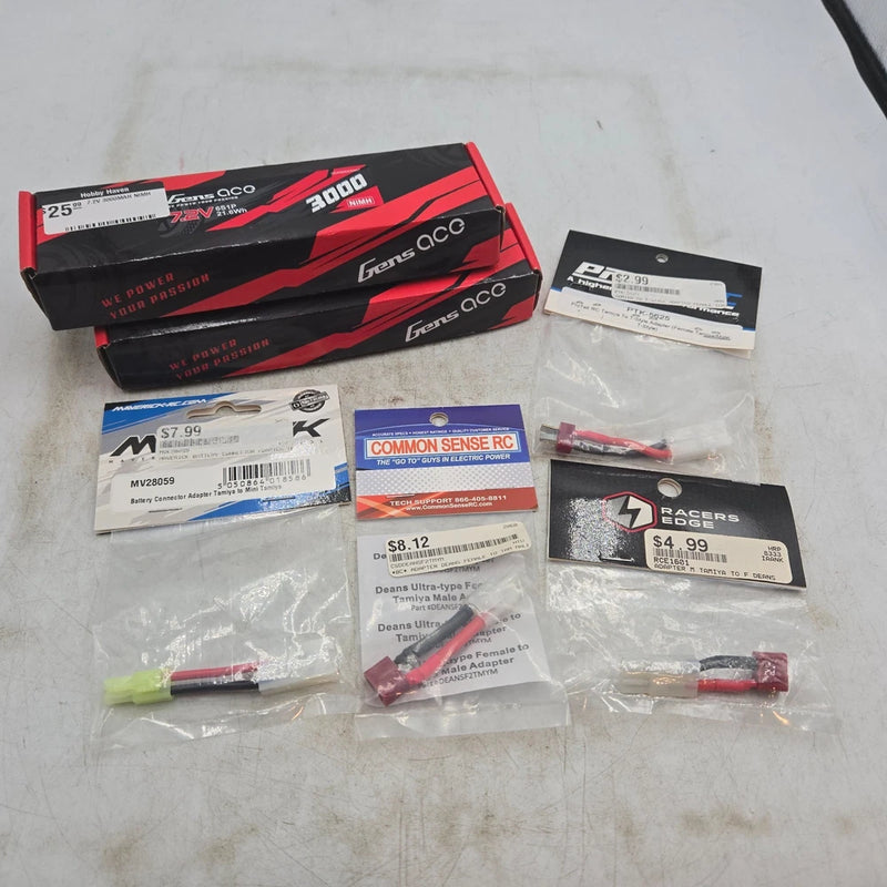 2X Gens Ace 7.2V 3000mAh NiMH Battery For RC Cars + Lot of Adapters Battery