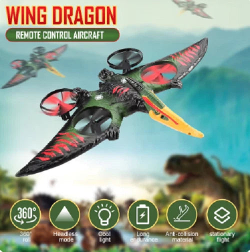 RC pterosaur-style drone with LED, black-green body, red wings, 2 propellers