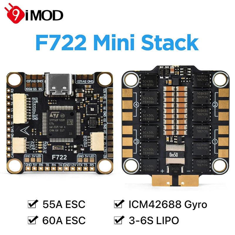 9IMOD F722 Flight Stack Flight Control FC 55A/60A ESC Receiver For RC FPV  Drone