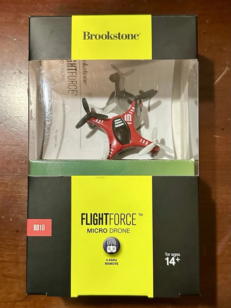 Brookstone Flightforce micro drone box with remote, 2.4GHz, age 14+.
