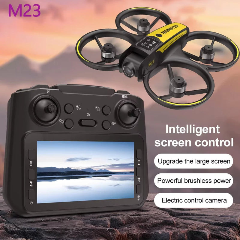Black quadcopter drone with yellow accents and remote controller screen